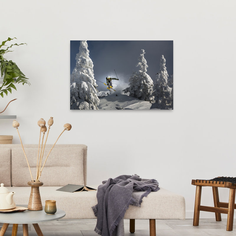 Skier Mid-Air Jump Abstract Contemporary Landscape Mountain Wall Art Print, 60.96cm H x 91.44cm W