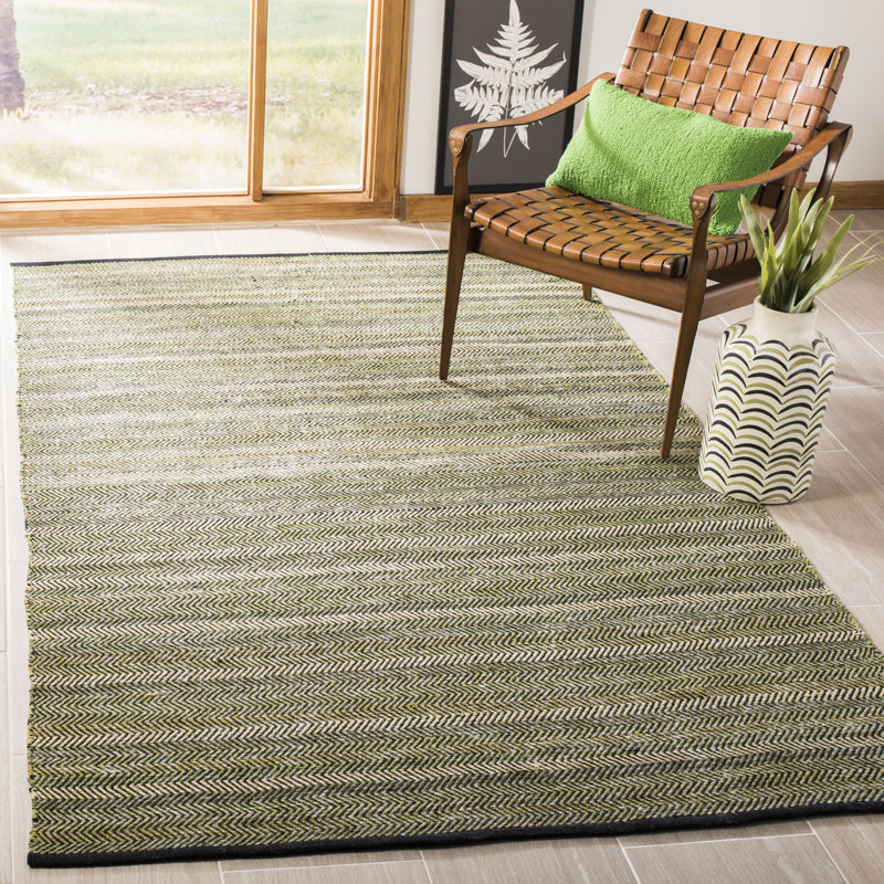 Tapis rayé vert en coton tissé à plat à la main Chiginagak, Rectangle 4 pi x 6 pi