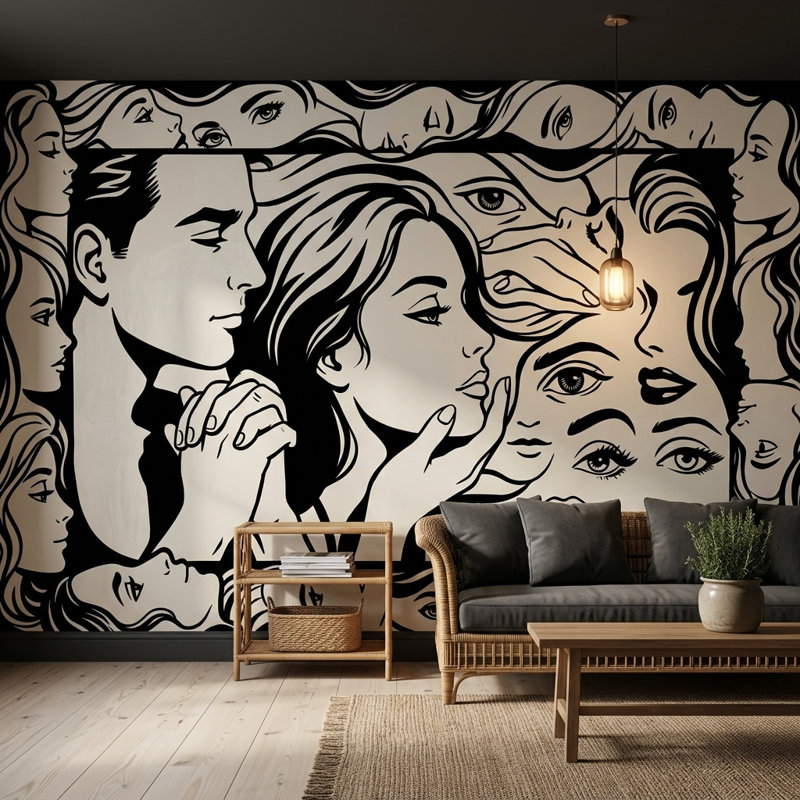 Abstrait visages, papier peint, collage, amovible, dessin au trait, décoration murale, Non tissé, 200 po x 120 po