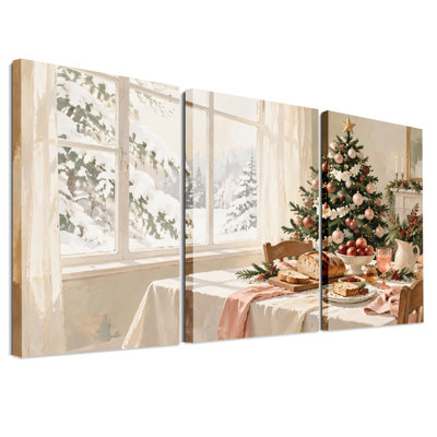 Ensemble de 3 toiles murales de Noël représentant une table avec du pain et une fenêtre enneigée