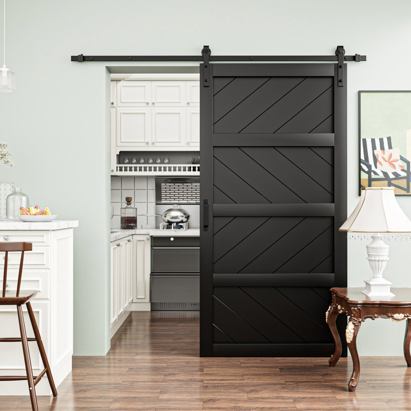 Paneled Solid Manufactured Wood Barn Door with Installation Hardware Kit, Black, 42" x 84"