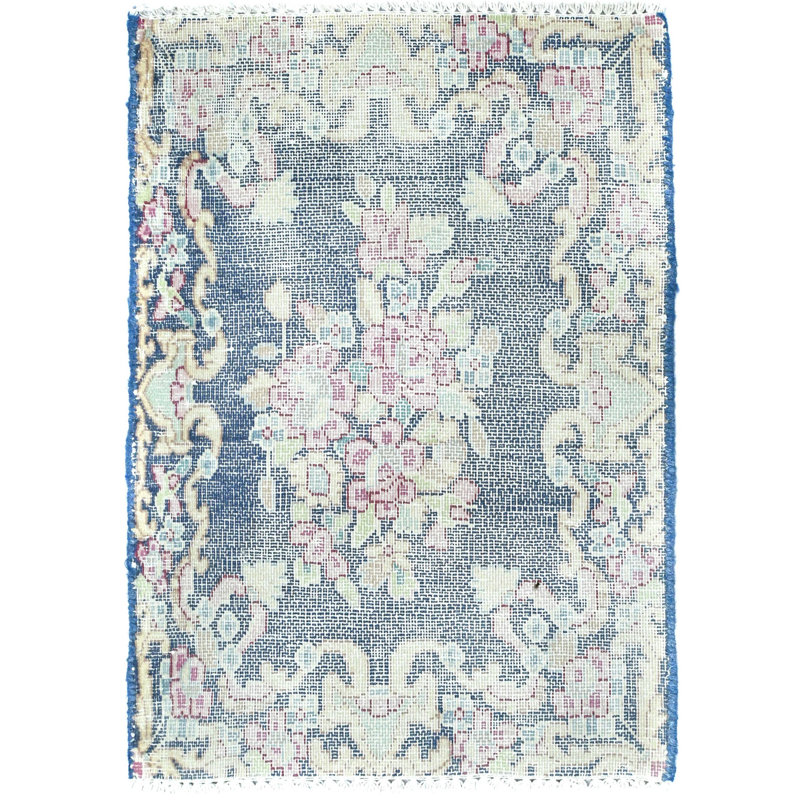 Tapis oriental antique délavé à motif floral bleu marine 1 pi 5 po x 2 pi 2 po