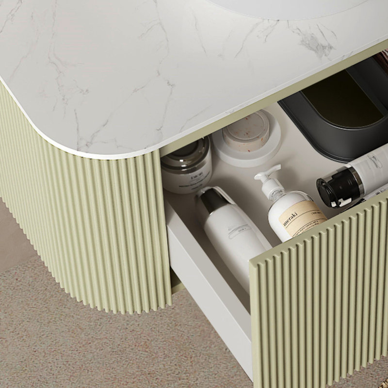 Meuble-lavabo de salle de bain 24 po avec lavabo, lavabo à fixation murale à bords arrondis flottants avec tiroir, lavabo en céramique blanc avec motif de pierre, pré-assemblé, vert clair