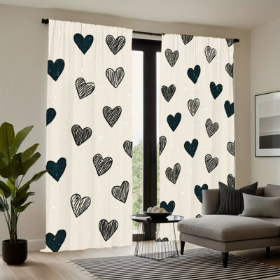2Pcs rideaux mignons à motif de cœur, croquis de cœurs dessinés à la main, filtrage de la lumière de la poche, conception vibrante, style moderne douillet, décoration de fenêtre de chambre à coucher toutes saisons