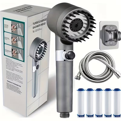 High Pressure Filtered Handheld Shower Head with Scalp Massage Nozzles, 4 Adjustable Spray Modes, One-Hand Pause Switch, Stainless Steel Shower Hose & No-Drill Adhesive Bracket, Detachable Shower Wand for Bathroom Cleaning & Pet Washing