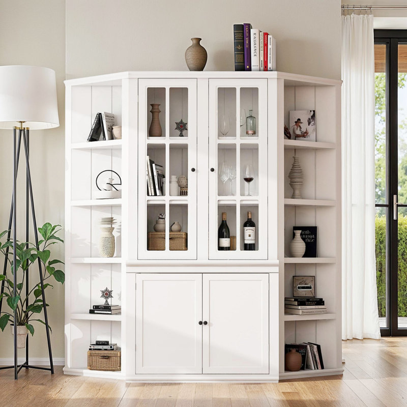 Retro-Modern Bookcase Wall System, 69.25" Wide with Glass-Door Cabinet & 2 Triangle Shelves, White MDF for Living Room or Office