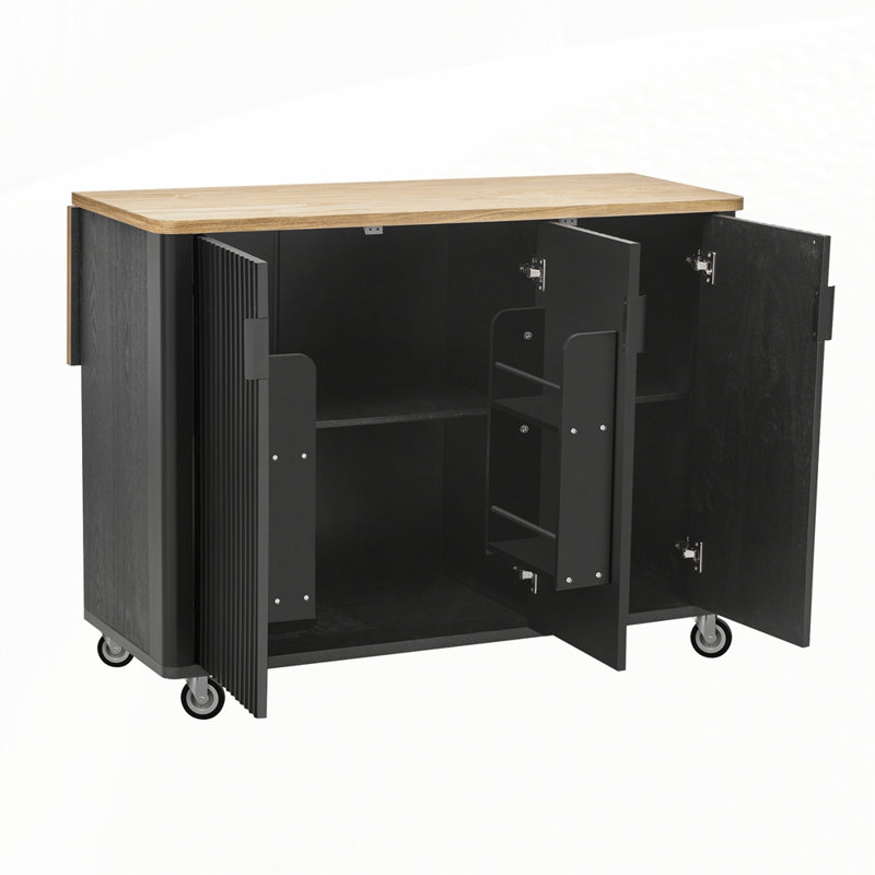 51" Fluted Kitchen Island With Drop Leaf, Black
