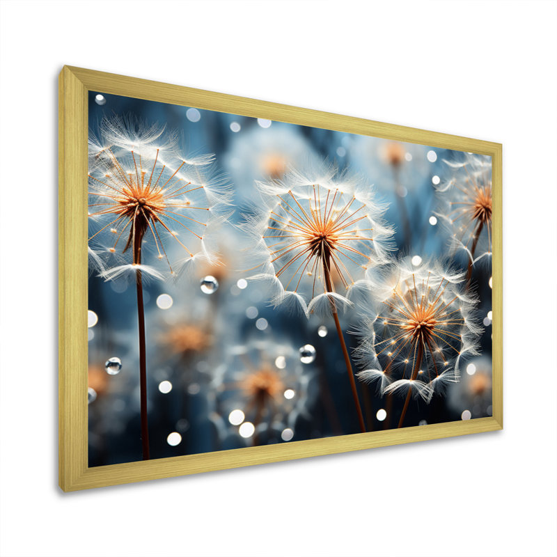 " White Teal Dandelion Symphony III ", H 24 po x l 32 po x P 1 po, Cadre doré à une seule photo