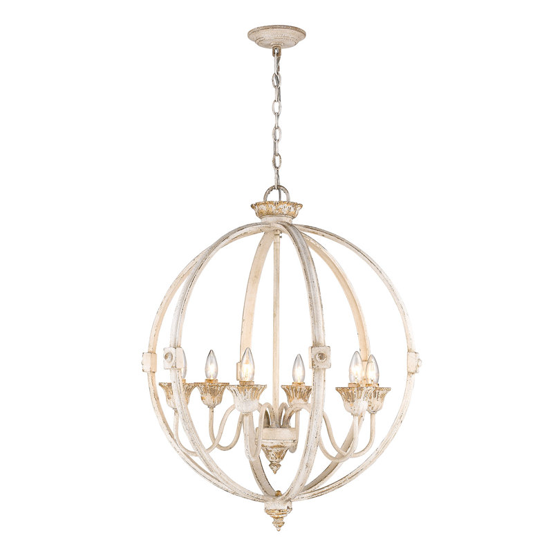 6 - Light Candle Style Globe Chandelier, Antique Ivory