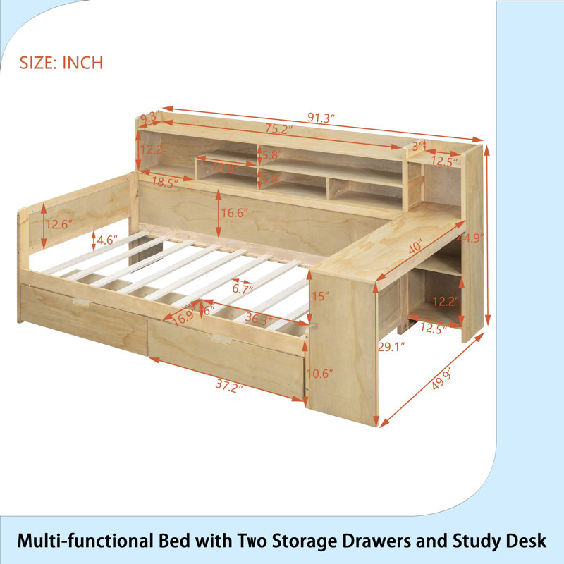Wooden Full Size Daybed With Storage Shelves, Multi-Functional Bed With Two Storage Drawers And Study Desk, Antique White