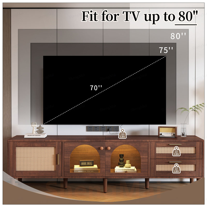 Meuble télé moderne avec lumières DEL contrôlées par l'application, conception en rotin et rangement spacieux pour les téléviseurs de 80 po ou moins