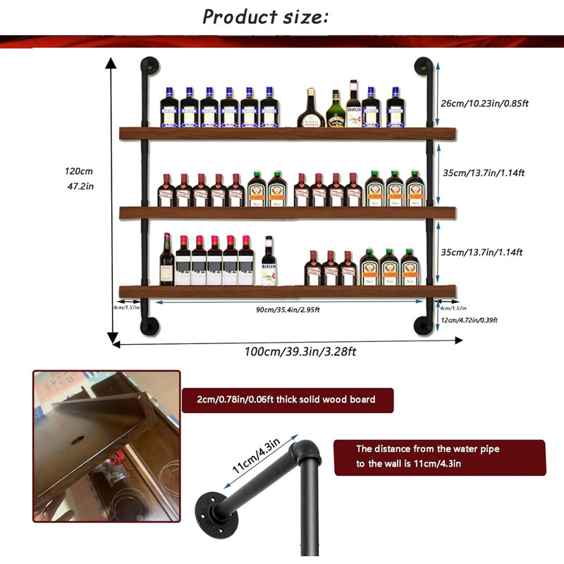 39.7In Large Wine Rack With LED Light Solid Wood Wall Mounted Wine Rack, 3-Tiers Liquor Bottles Floating Shelves Display Storage Organizer For Home Bar & Dining Room (100Cm/39.7In)