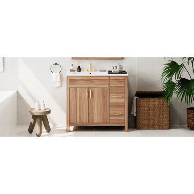 Meuble-lavabo de 36 po avec bois massif, 2 portes à fermeture douce, 3 tiroirs, lavabo en céramique, tablette ajustable pour matériaux de décoration compacts, petites salles de bain