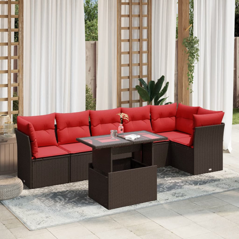 Ensemble de canapé de patio 7 pièces avec coussins en rotin de polyester, Rouge, Brun