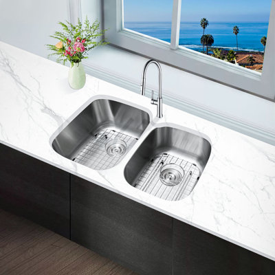 KBFmore 32 Inch Double Unequal Bowl Undermount Classic Kitchen Sink with 5 Pieces Sink Accessories