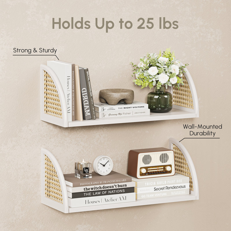 Set of 2 Wood Floating Shelves with Rattan Sides, 40.6 cm, White