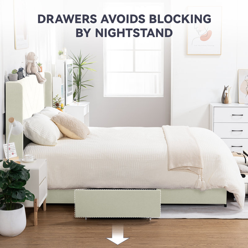 Bed Frame with Headboard and 3 Storage Drawers, Upholstered Platform Bed with Charging Station, Steel Slat Support, No Box Spring Needed, Easy Assembly