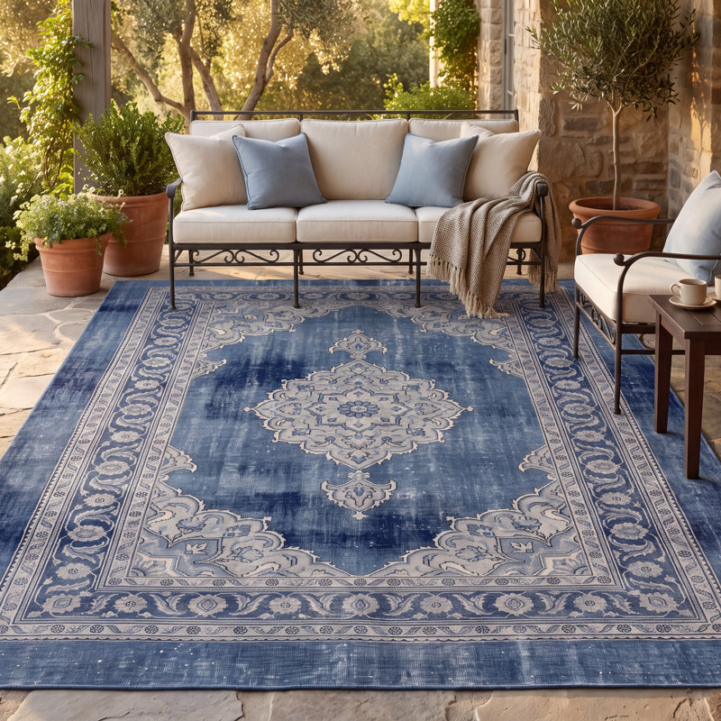 Tapis Summit Traditional Medallion de style persan, bleu, gris et crème, lavable en machine, antidérapant, à poils courts, pour l'intérieur et l'extérieur, adapté aux animaux domestiques, idéal pour le salon, la chambre, la salle à manger, l'entrée, le couloir ou le bureau.