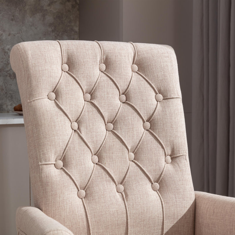 20.5'' H Tufted Linen Upholstered Oak Armchair, Ivory Brown