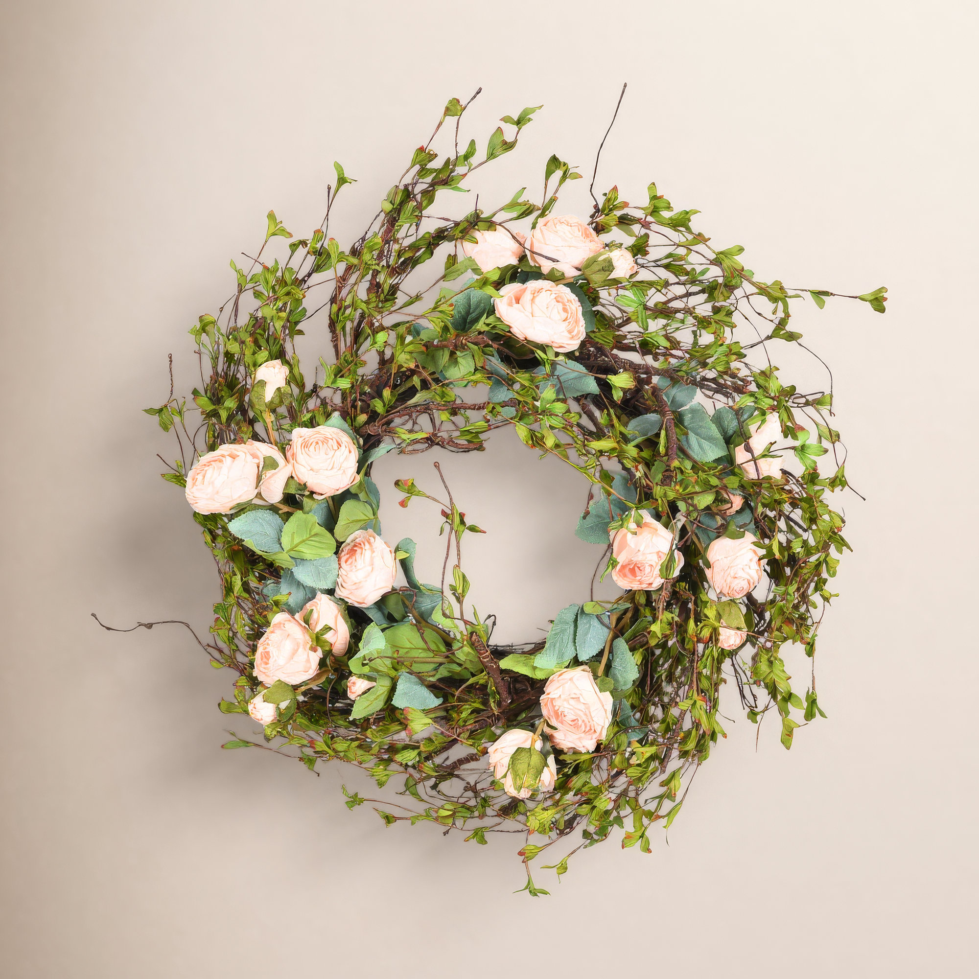 24" Artificial Farmhouse Spring Summer Rose Floral Wreath For Front Door Greenery Twig Home Wedding Party Wall Decor, Cream