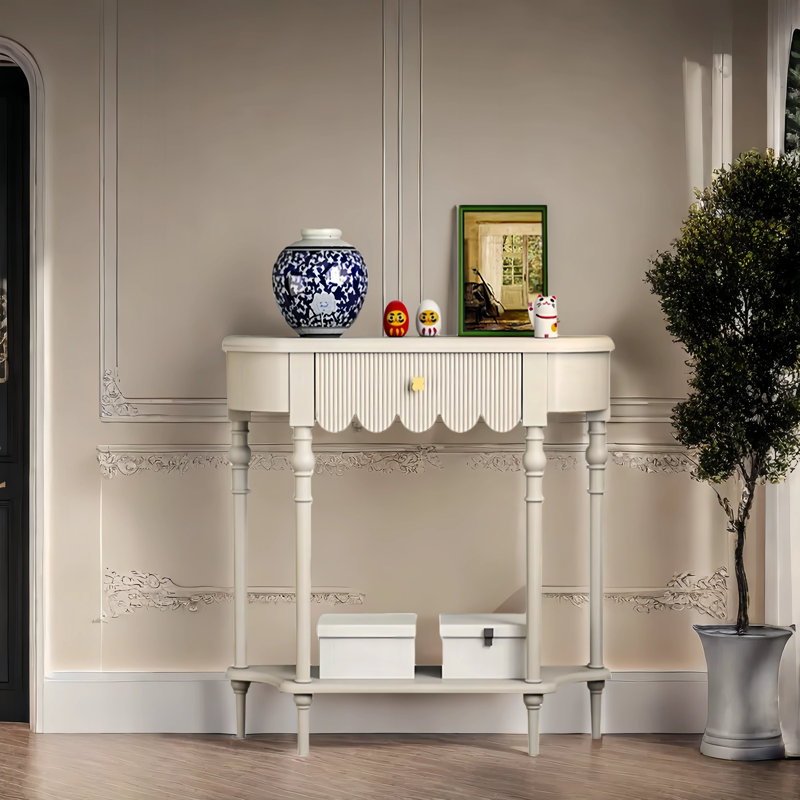 Solid Wood Semi-Circle Entryway Console Cabinet, 33.5" H x 31.5" W x 11.8" D, Cream
