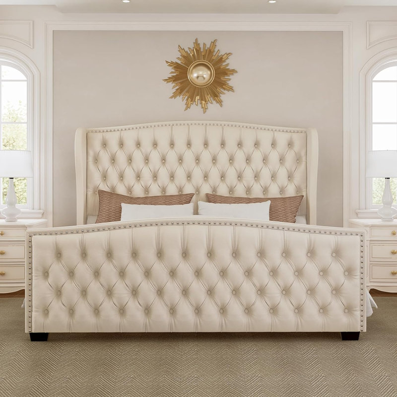Platform Bed Frame With Wingback Headboard, Queen, Cream