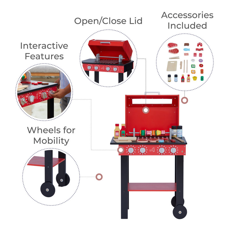 Teamson Kids Pretend Play Wooden BBQ Set with Food Accessories