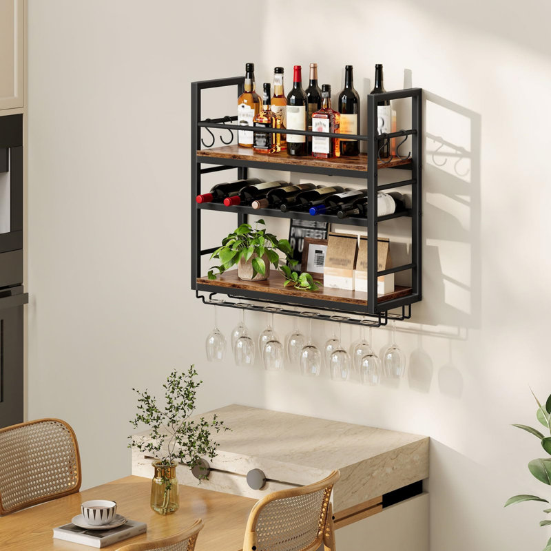 6 Bottle Wall Mounted Wine Bottle & Glass Rack Rustic Brown