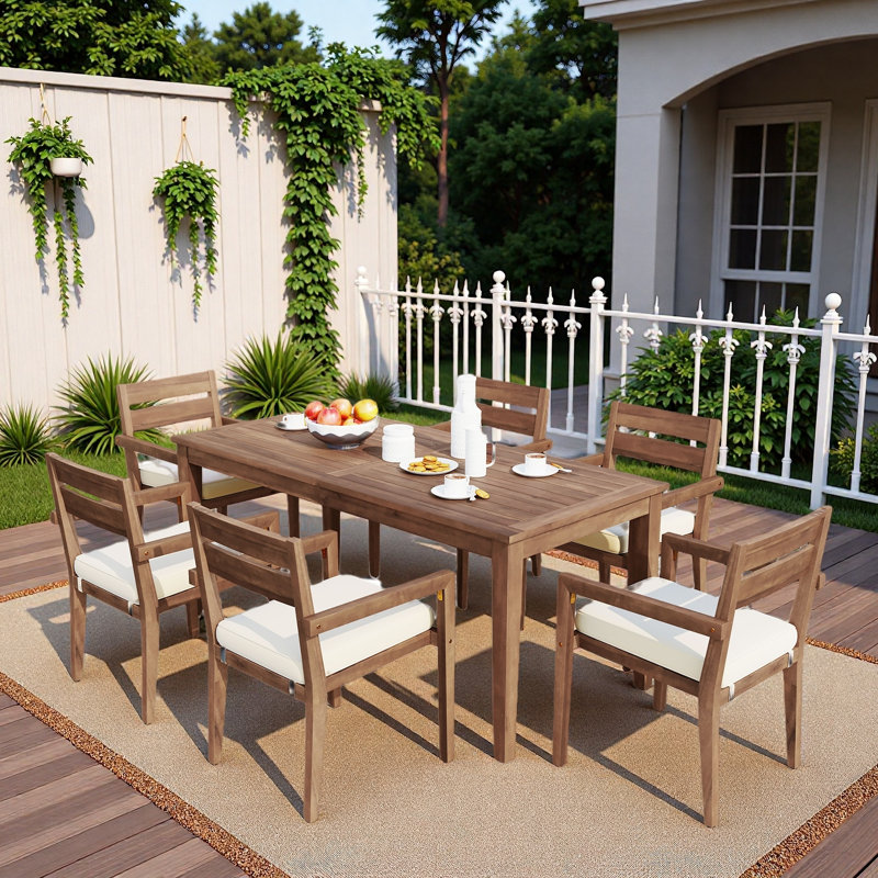 Ensemble repas 7 pièces pour l'extérieur, 1 grande table et 6 chaises empilables avec coussins et élément imperméable
