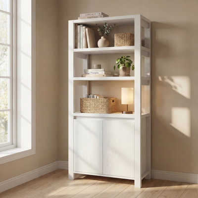 Bibliothèque haute 67 po x l 31,5 po en bois avec armoire de rangement 2 portes, bibliothèque moderne minimaliste ouverte, blanc
