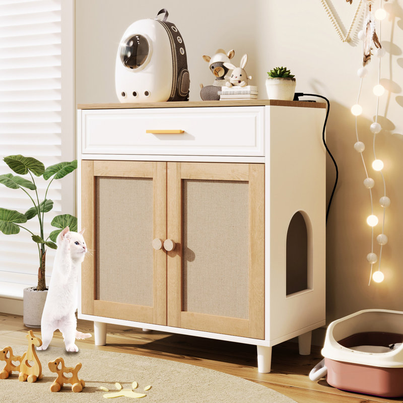 31 bac à litière pour chat avec tapis à gratter et pièce de rangement - beige mat blanc