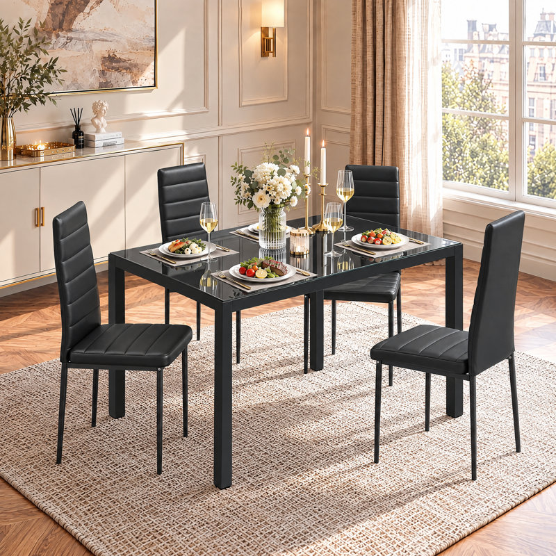 Ensemble de table de salle à manger 5 pièces pour 4 personnes, table de cuisine en verre trempé avec 4 chaises rembourrées en polyuréthane, ensemble de salle à manger à structure en acier peu encombrante pour la maison, la cuisine, la salle à manger et le petit espace (noir)