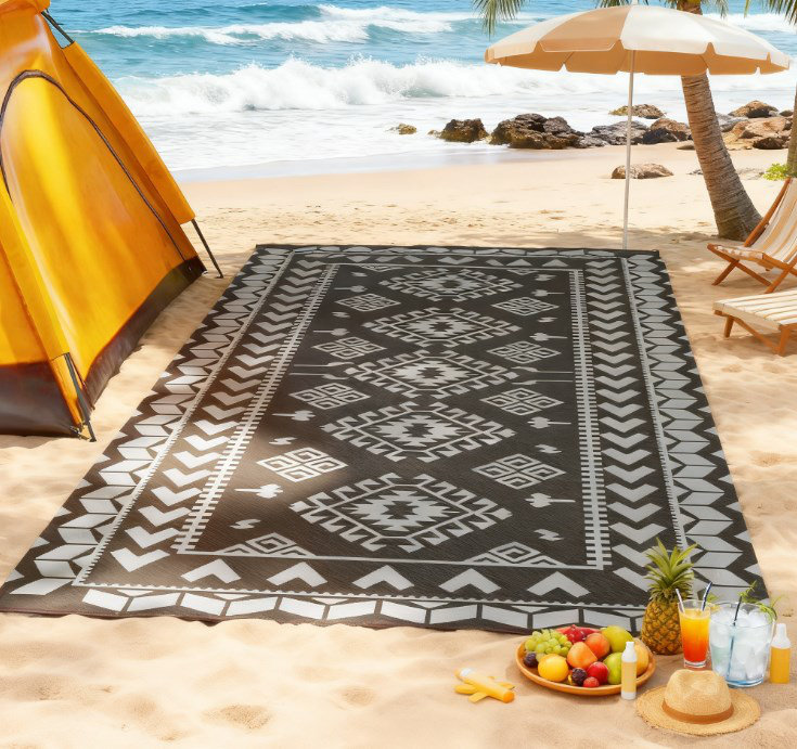 Tapis de patio, tapis de camping extérieur portatif, tapis réversible, Bleu / blanc, Tapis de couloir de 9 pi x 18 pi