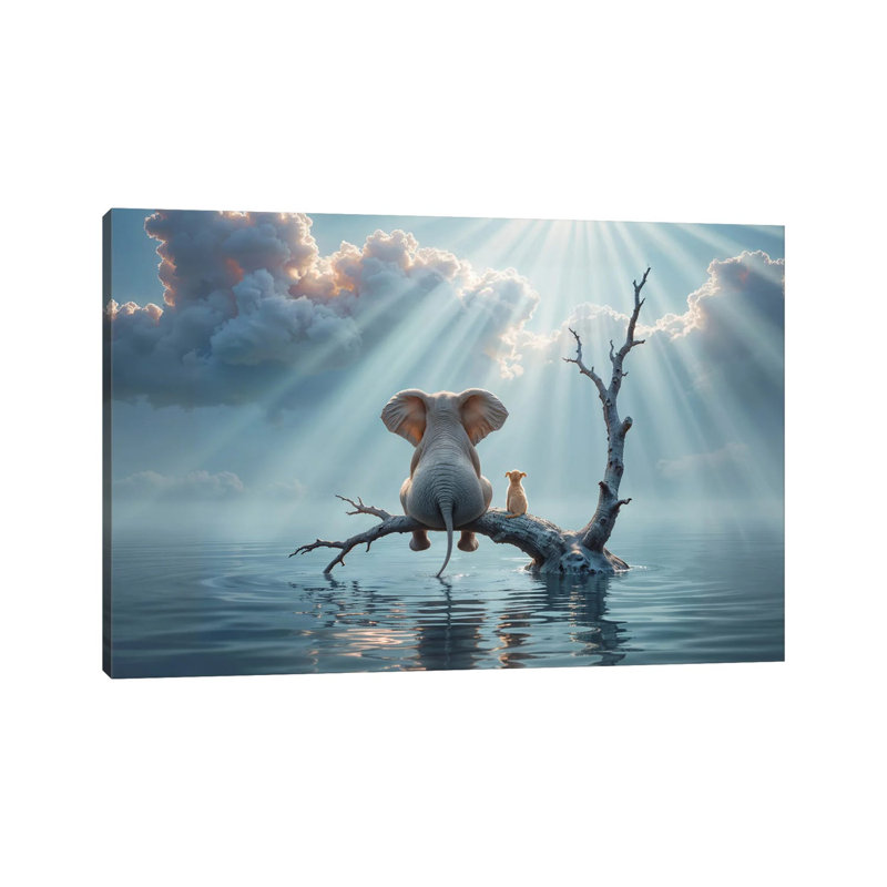 Elephant And Dog Sit On A Tree Escaping From The Flood by Mike Kiev - Wrapped Canvas Gallery-Wrapped Canvas Giclée