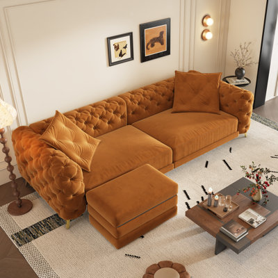 97.7" Velvet Upholstered Sleeper Sofa, King-Size Pull-Out Sofa Bed, 4-Seater Chesterfield Sofa with 2 Pillows