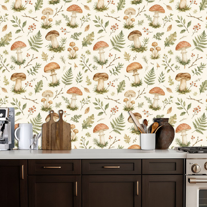 Papier peint adhésif auto-adhésif amovible de style champignon avec champignon fougère botanique champignon