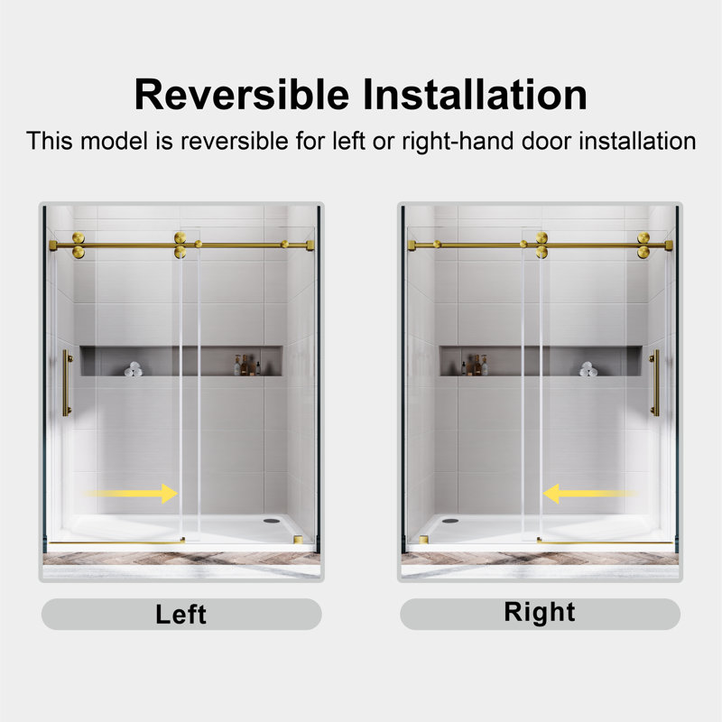 Uks04 61 In. To 65 In. X 80 In. H Frameless Sliding Shower Door In Satin Brass With 3/8 In. (10Mm) Clear Glass , Satin Brass