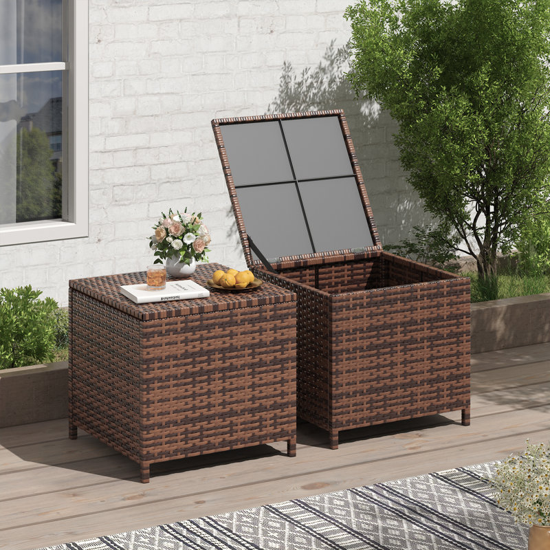  Alexandia Outdoor Square Rattan Wicker Side Table With Storage, Brown