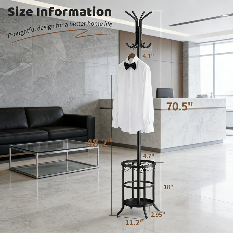 Freestanding Coat Rack With Umbrella Stand, 12-Hook Metal Coat Tree For Entryway, Sturdy Hat And Jacket Hanger Organizer