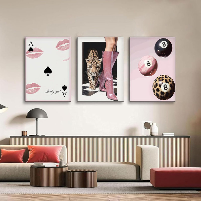3Pcs Framed Leopard Cheetah Wall Art With Lucky Lips Pink 8 Ball Designs Canvas Posters Prints Pictures Paintings Funky Preppy Wall Decor Decoration For Room Apartment Dorm