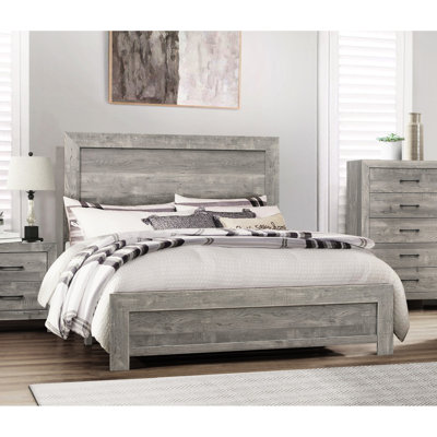 Très grand lit, gris rustique, meubles de chambre à coucher en bois avec rails gris, tête de lit en bois