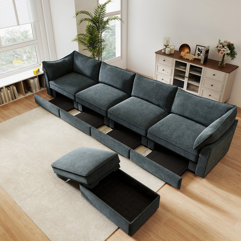 Canapé modulaire en forme de L à 4 places avec 1 coussins d'accoudoirs à dossier en forme de croissant et mobiles, et tiroirs de rangement coulissants, gris chenille, idéal pour la décoration de maison moderne