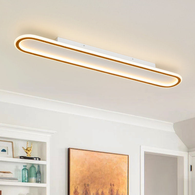39.4" Modern Farmhouse Wood Grain Linear Oval Led Semi Flush Mount, Natural