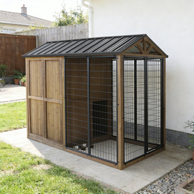 4×8 FT Cedar Wood Outdoor Dog House with Steel Roof, Wood Dog Kennel