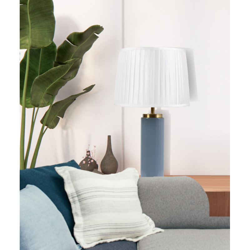 Cylinder 55cm Metal Ceramic look Table Lamp, Blue, Ivory