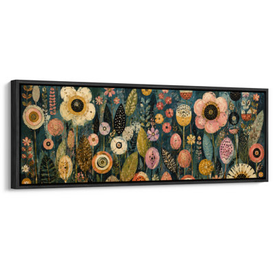 Extra Large Colorful Folk Art Floral Garden Botanical Framed Canvas Print Wall Art