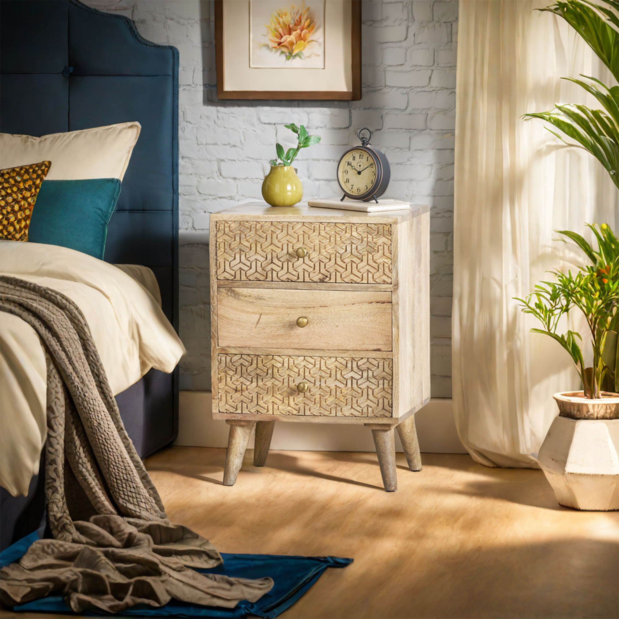 Corrigan Studio® Nirjala Boho 3 Drawer Night Stand With Carved