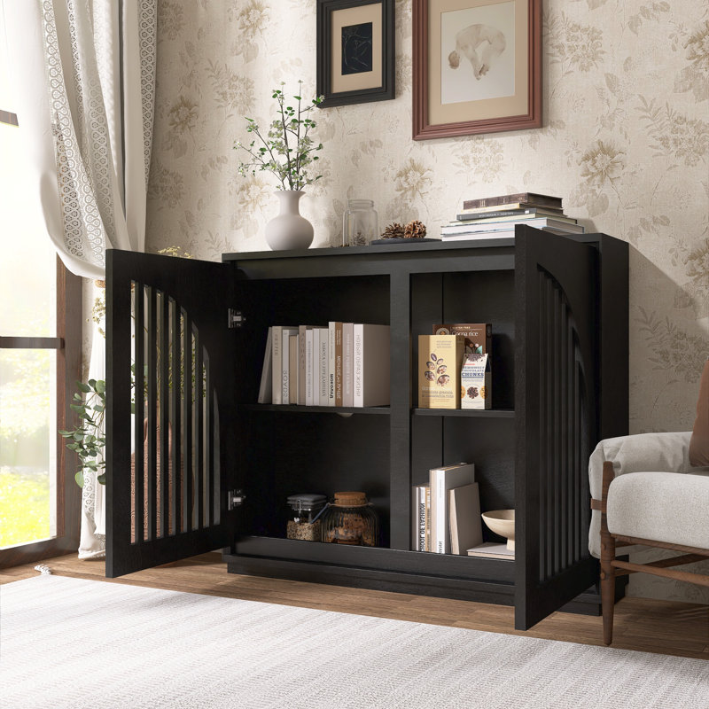 Mid Century Modern Sideboard With Slatted Doors, Black