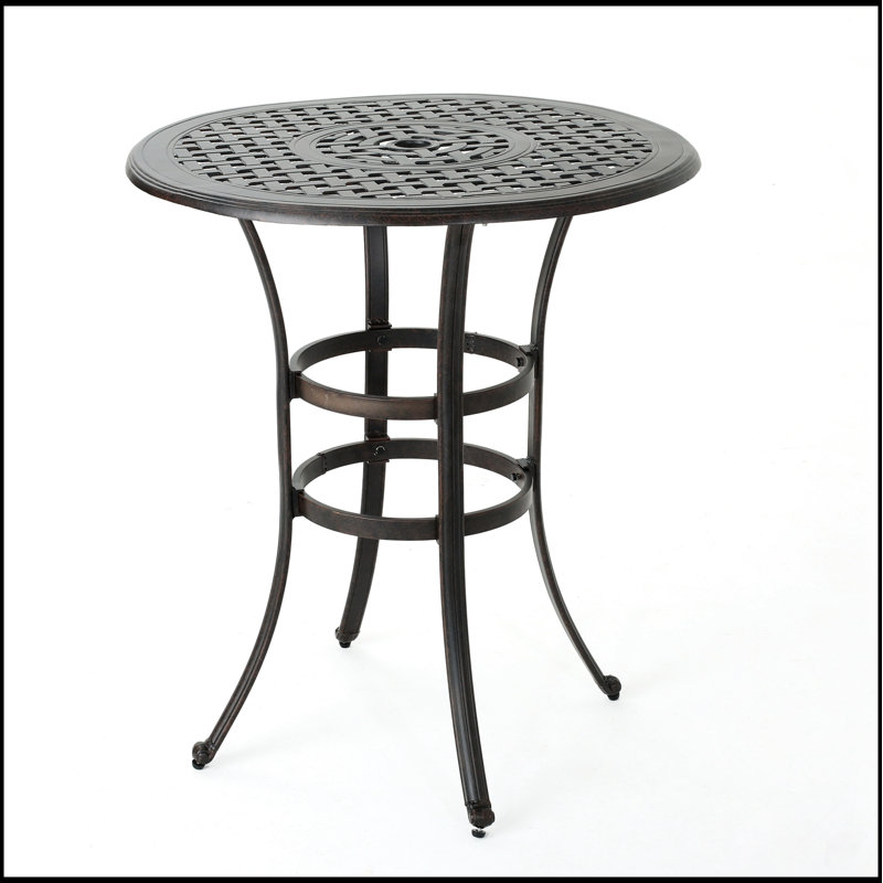 Table de bar élégante en fonte d'aluminium avec plateau en treillis et finition résistante à la rouille pour les réceptions en plein air