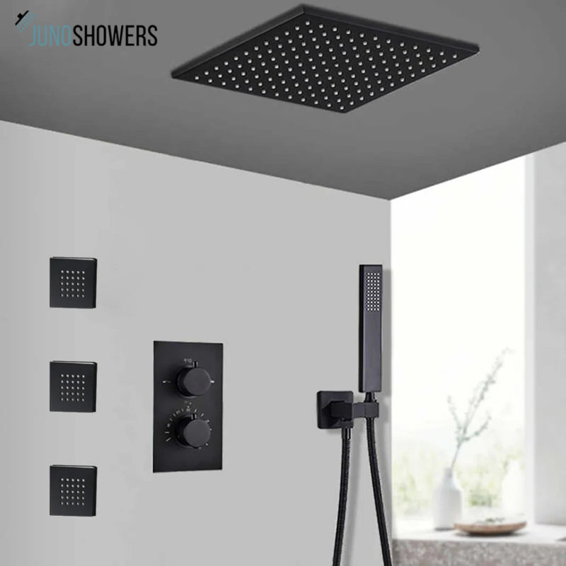Juno Digital Black Rainfall Shower Head with 3-Jet Spa System – Luxury High-Tech Bathroom Upgrade